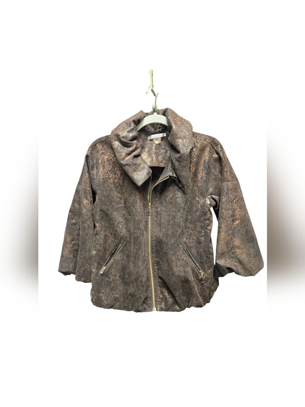 Peter Nygard Bubble Zipper Jacket Distressed Animal Print Sz.8 Brown/Gold